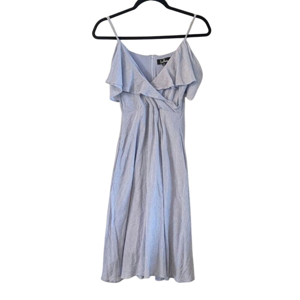 Lulus Yacht Rock Blue Stripe Off Shoulder Midi Dress Medium Coastal Euro Summer